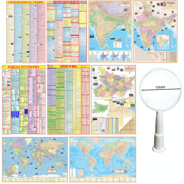All India & World Educational Maps Combo with Bihar (Set of 9 Maps)