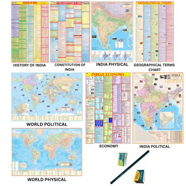 India & World Educational Maps Combo with Constitution of India (Set of 8 Maps)