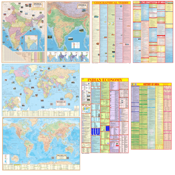 India & World Complete Educational Maps Combo (Set of 8 Maps)