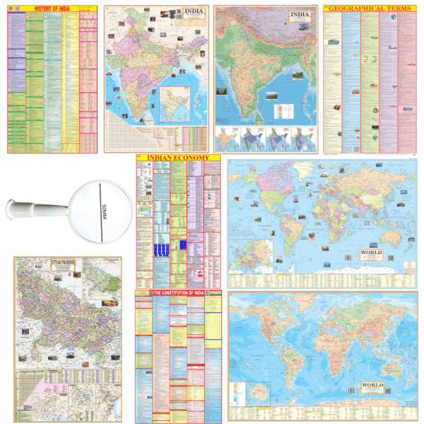 India & World Educational Maps Combo with Uttar Pradesh (Set of 9 Maps)