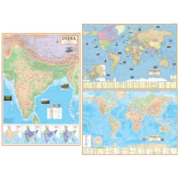 Combo of 3 Maps – India Physical, World Political & World Physical | 80 GSM Maplitho Paper | For UPSC, SSC, PCS & Railway Exams