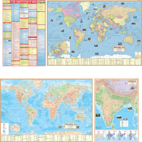 Combo of 4 English Maps – Indian Constitution Chart, World Political & Physical Map, India Physical Map | Paper Mint | For UPSC, SSC, IES Exams | Rolled Print