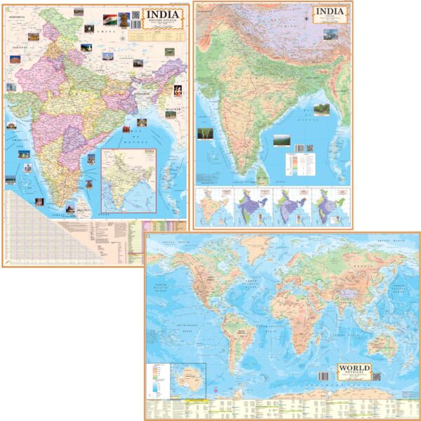 Editone International Combo Pack of 3 Maps – India Political & Physical + World Physical Map | Latest Edition with QR Codes for UPSC, SSC, PCS & Railway Exams