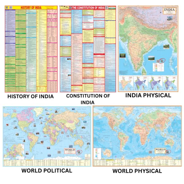 Pack of 5 Premium Wall Maps – India, World, History & Constitution | English Medium | 28×40 Inch | 90 GSM Thick Paper | QR Code Edition | UPSC & SSC Exam Study Material