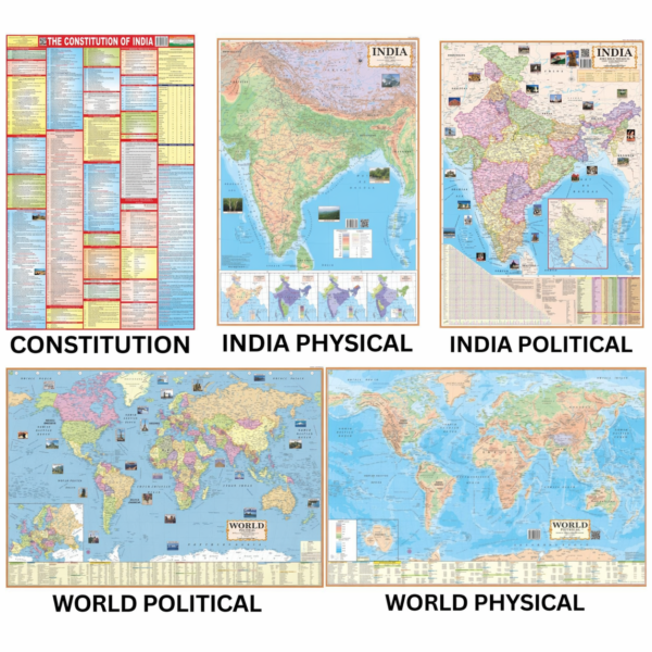 (COMBO OF 5 ENGLISH MAPS) Indian Constitution Chart with India & World Political & Physical Maps | Set of 5 | 28×40 inch | Paper Mint | UPSC, SSC, IES Exam Study Charts | Rolled Paper Print (28×40 inch)