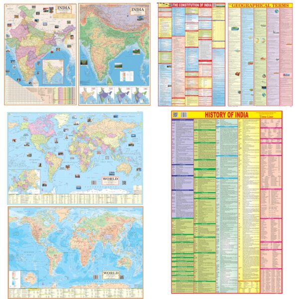 EditOne International Set of 7 Wall Maps & Charts – India and World, Political & Physical Maps, Constitution of India, Indian History & Geographical Terms | 28×40 Inch | Foldable Paper Print | UPSC & Competitive Exam Study Material