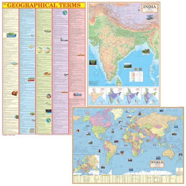 Combo of 3 English Maps – Geographical Terms Chart, India Physical Map & World Political Map | 28” x 40” Rolled Print | Paper Mint