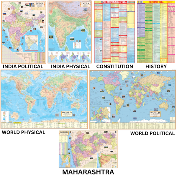 Maps for UPSC (Pack of 7) – Maharashtra Political, Indian Constitution, Indian History, India and World Political & Physical Maps | 40×28 Inch | Foldable Paper Print | UPSC, SSC, PCS & Railway Competitive Exam Study Material
