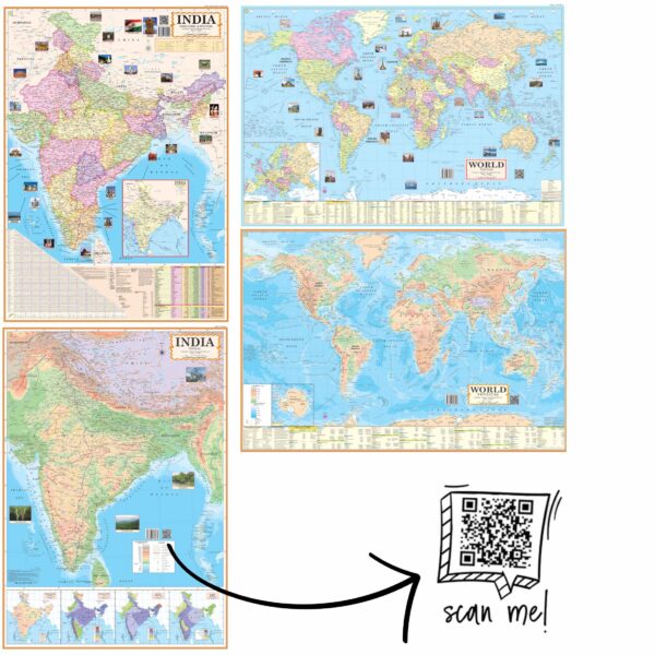 Set of 4 India & World Political and Physical Wall Maps | English | 28” x 40” | Paper Print, Non-Laminated, Folded