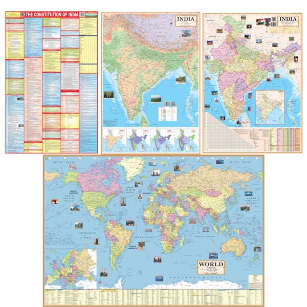SmartBooks Publishers Set of 4 English Maps – Indian Constitution Chart, India (Political and Physical) & World Political Map | Paper Print | For UPSC, SSC, IES Exams