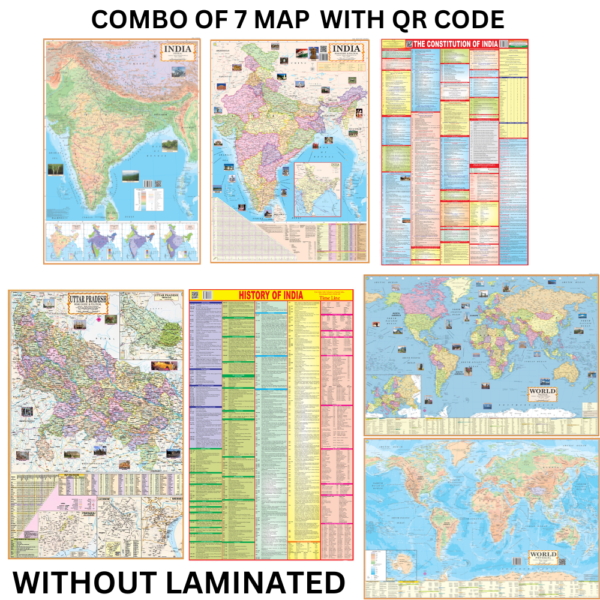 Pack of 7 Wall Maps – Uttar Pradesh Political, Indian Constitution, Indian History, India and World Political & Physical Maps | 40×28 Inch | Foldable Paper Print | UPSC, SSC, PCS & Railway Competitive Exam Study Material